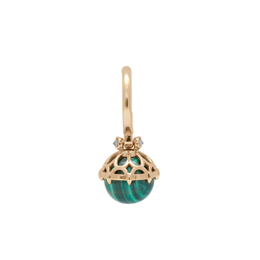 A single hoop with a malachite stone hanging from it with grey diamond accents on either side set in yellow gold.