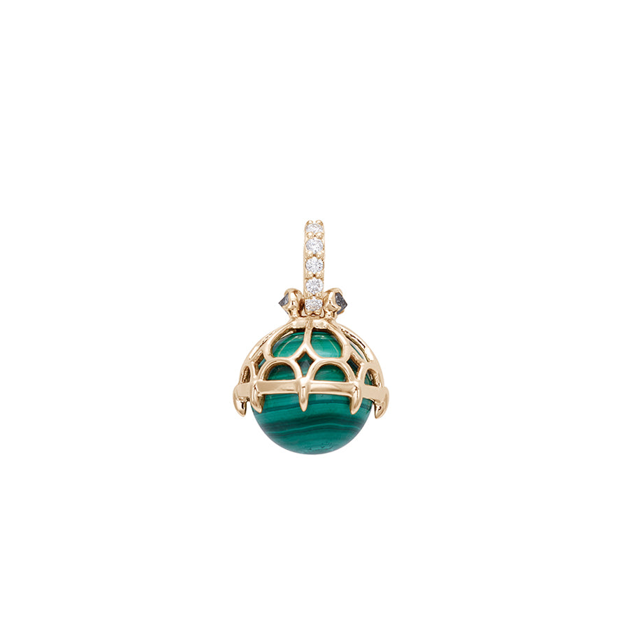 A charm only view of a one of a kind malachite pendant with white diamond pave on the top and grey diamond accent stones on either side on a yellow gold chain.