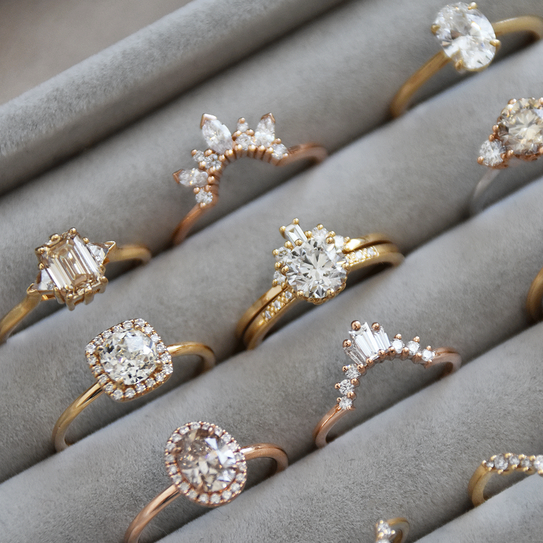 Tray of engagement rings and wedding bands at the Anna sheffield jewelry store.