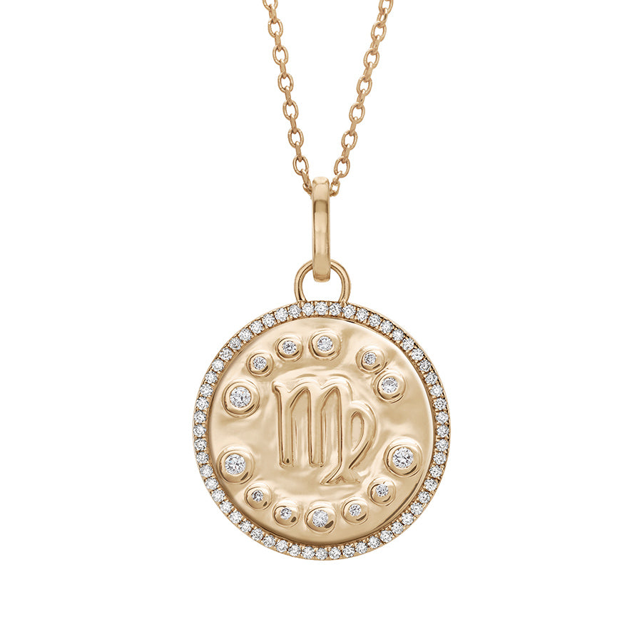 A 19mm constellation charm pendant with a Virgo sign in the center with white diamond accent stones and a white diamond halo set in yellow gold on a yellow gold chain., Virgo