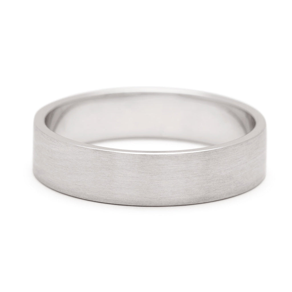 A 5mm flat band with a brushed finished set in white gold., White Gold