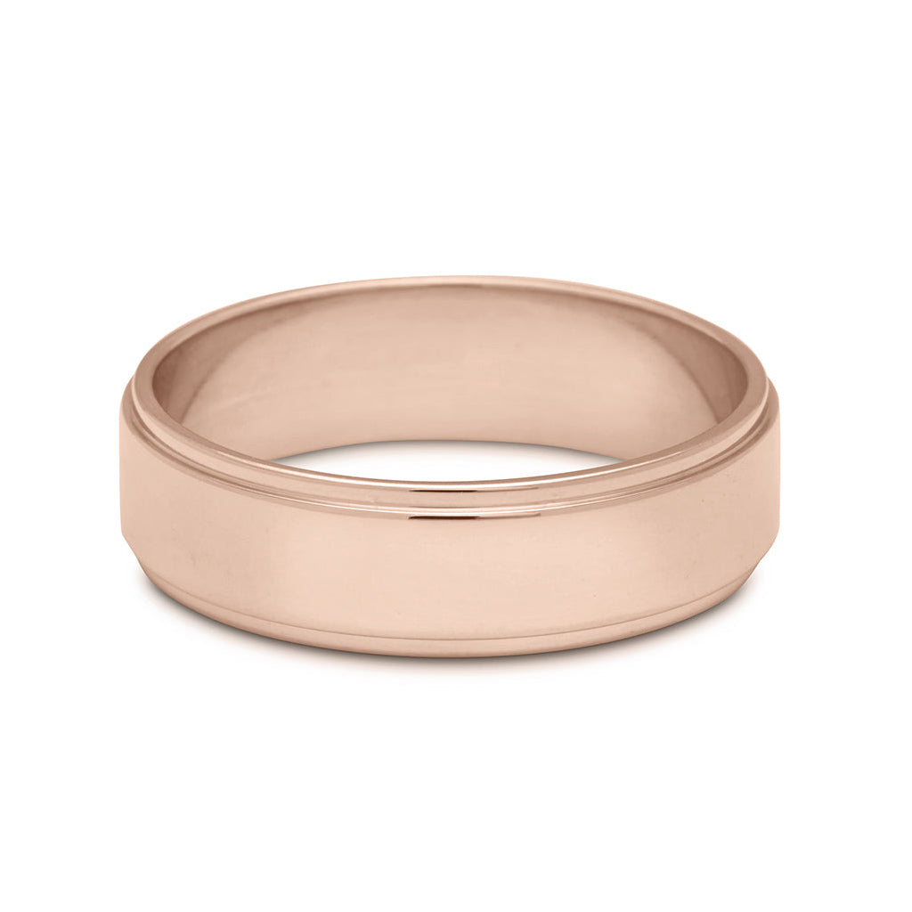 A 5mm flat edge band set in rose gold., Rose Gold