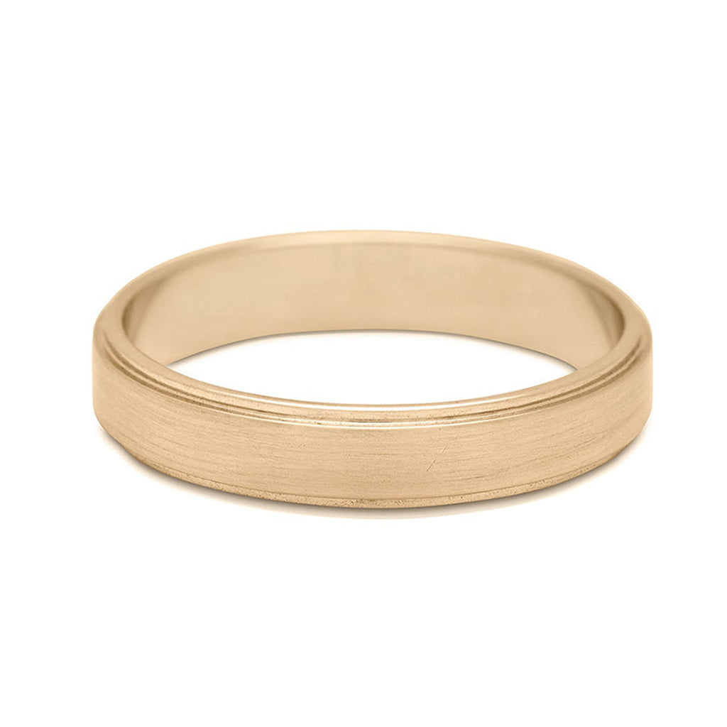 A 4mm flat edge band with a brushed finish set in yellow gold., Yellow Gold