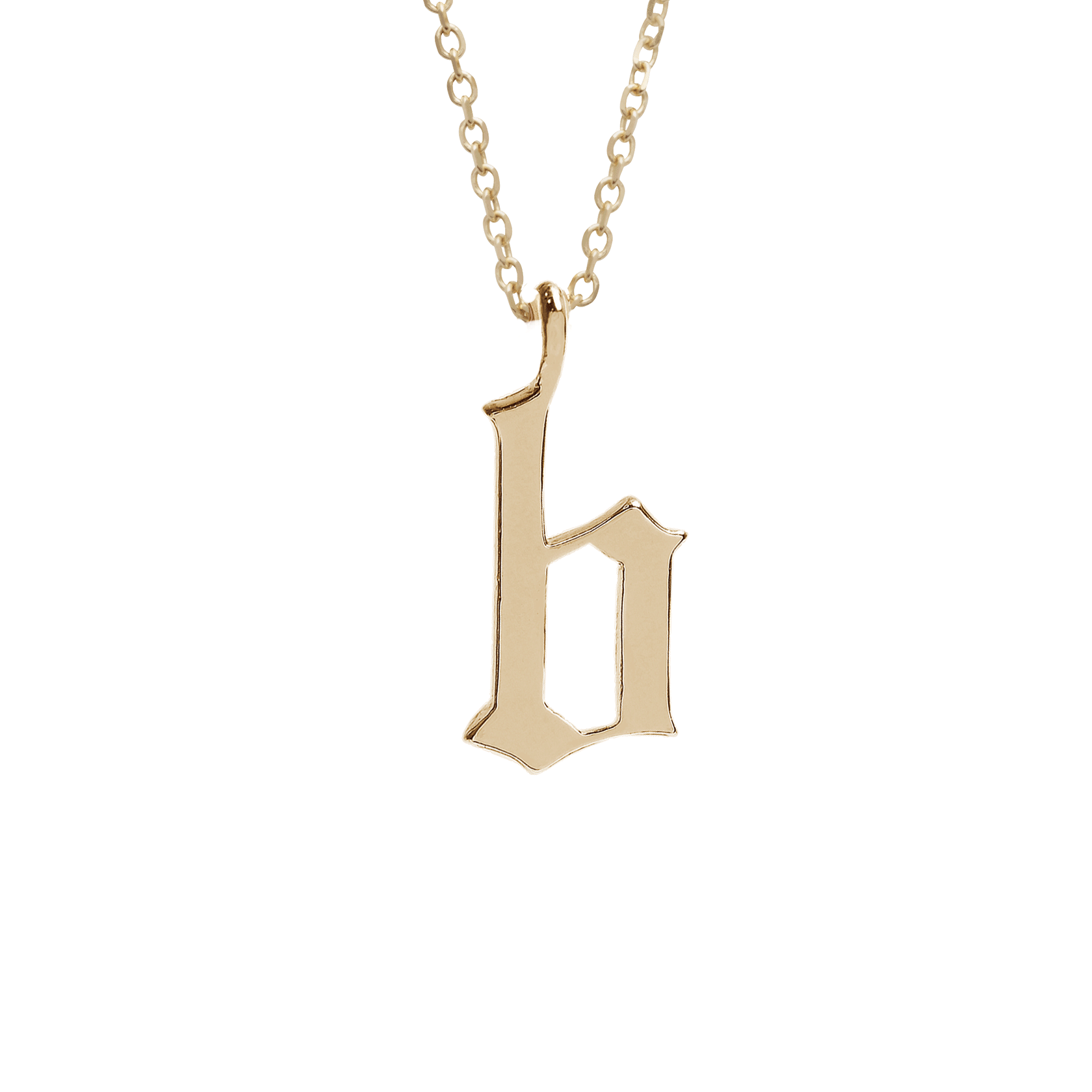 A "b" initial charm set in yellow gold on a yellow gold chain., Letter B