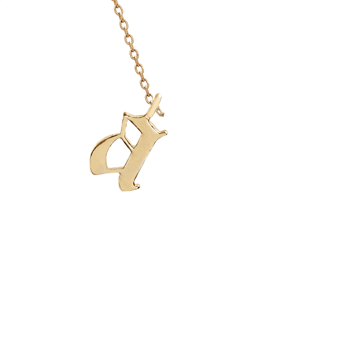 A left view of an overlay view of a "a" initial charm set in yellow gold on a yellow gold chain., Letter A