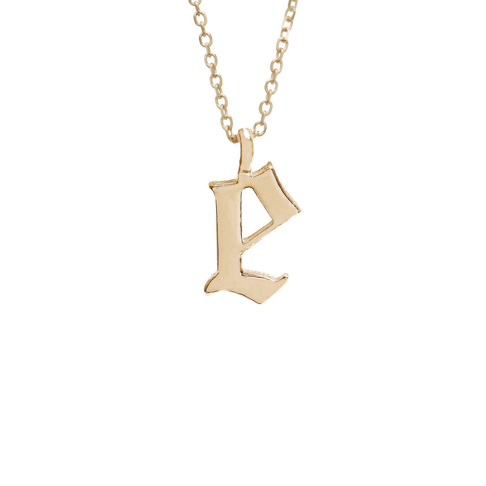 A "e" initial charm set in yellow gold on a yellow gold chain., Letter E