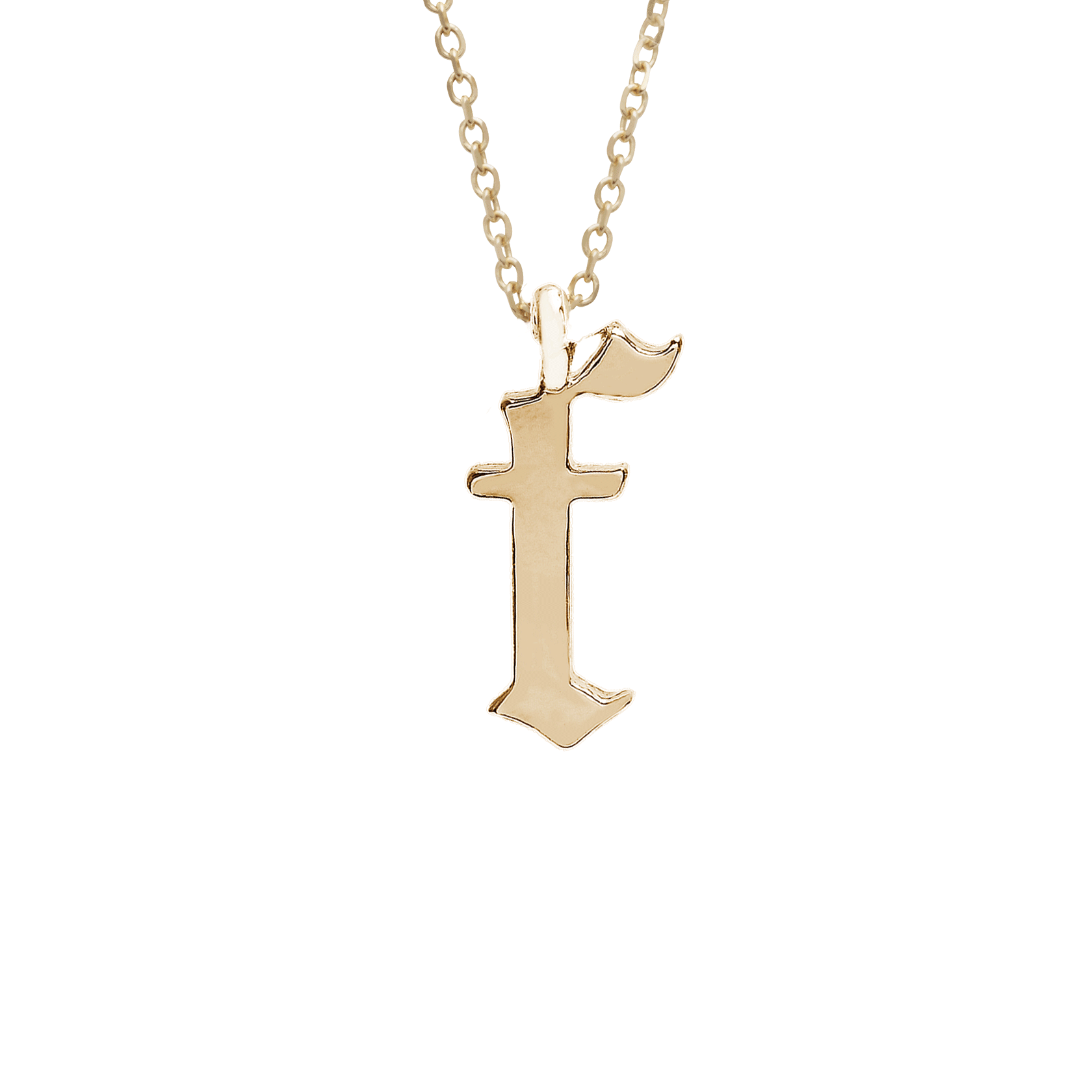 A "f" initial charm set in yellow gold on a yellow gold chain., Letter F