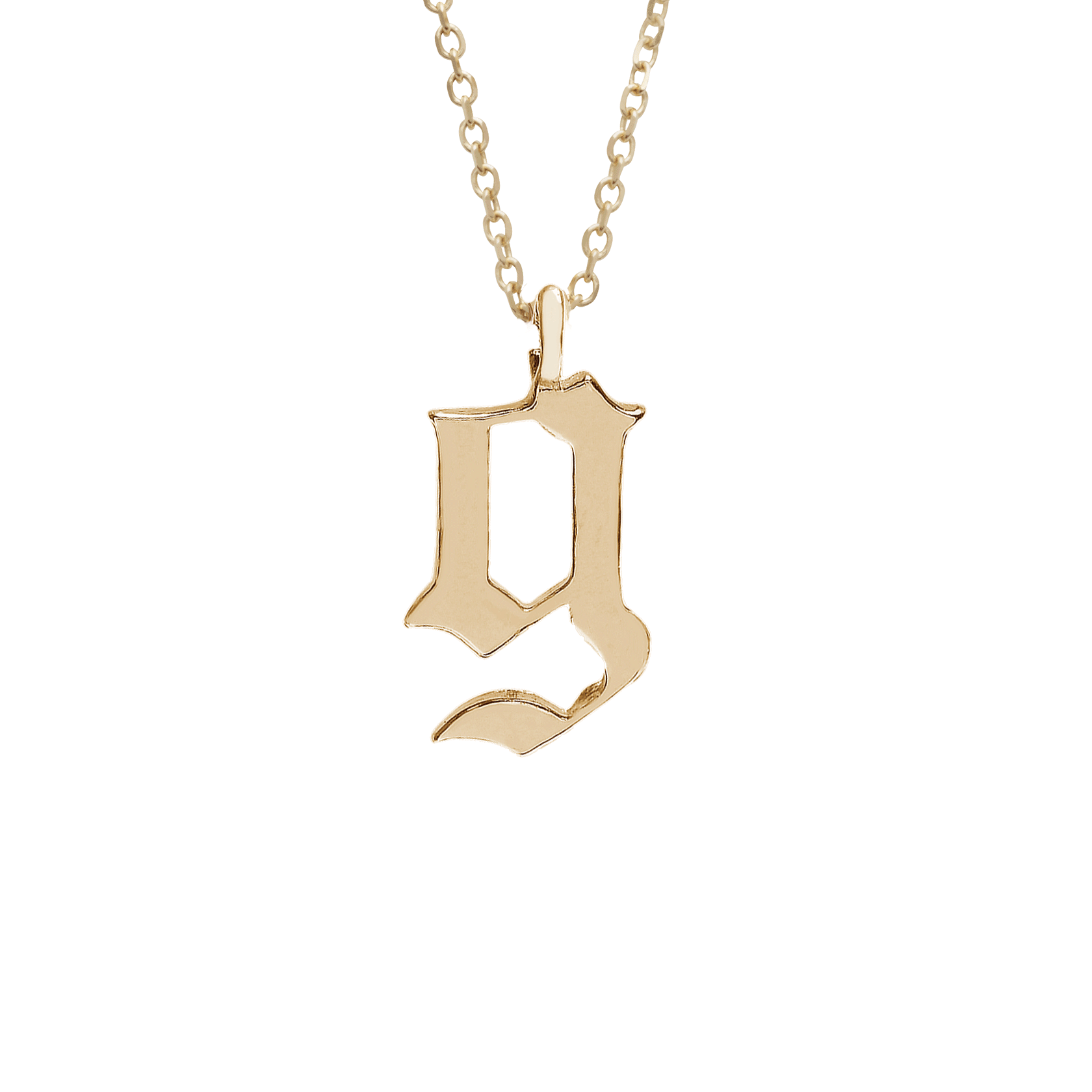 A "g" initial charm set in yellow gold on a yellow gold chain., Letter G