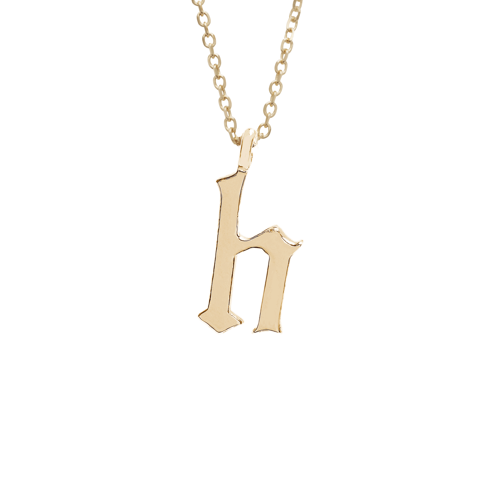 A "h" initial charm set in yellow gold on a yellow gold chain., Letter H