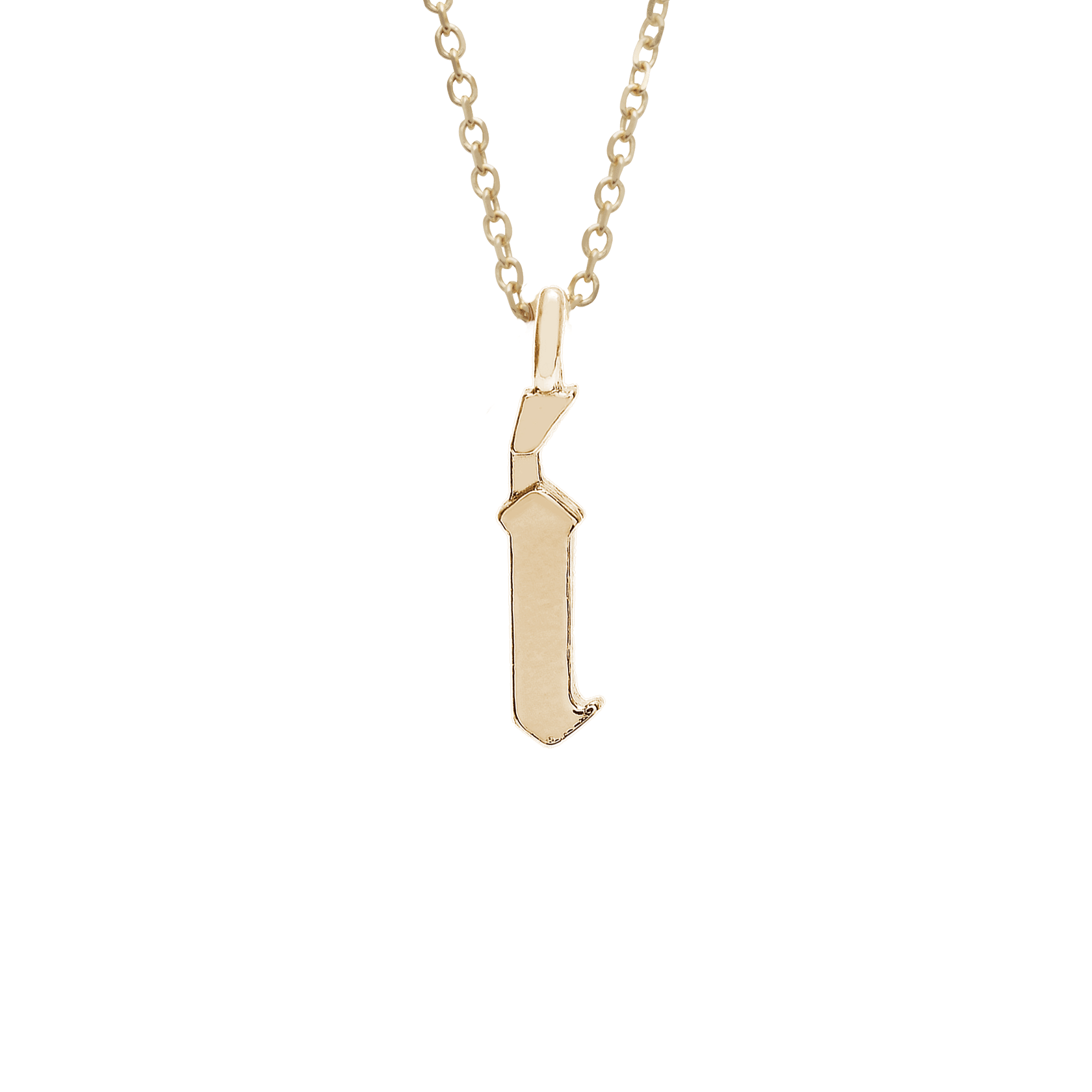 A "i" initial charm set in yellow gold on a yellow gold chain., Letter I
