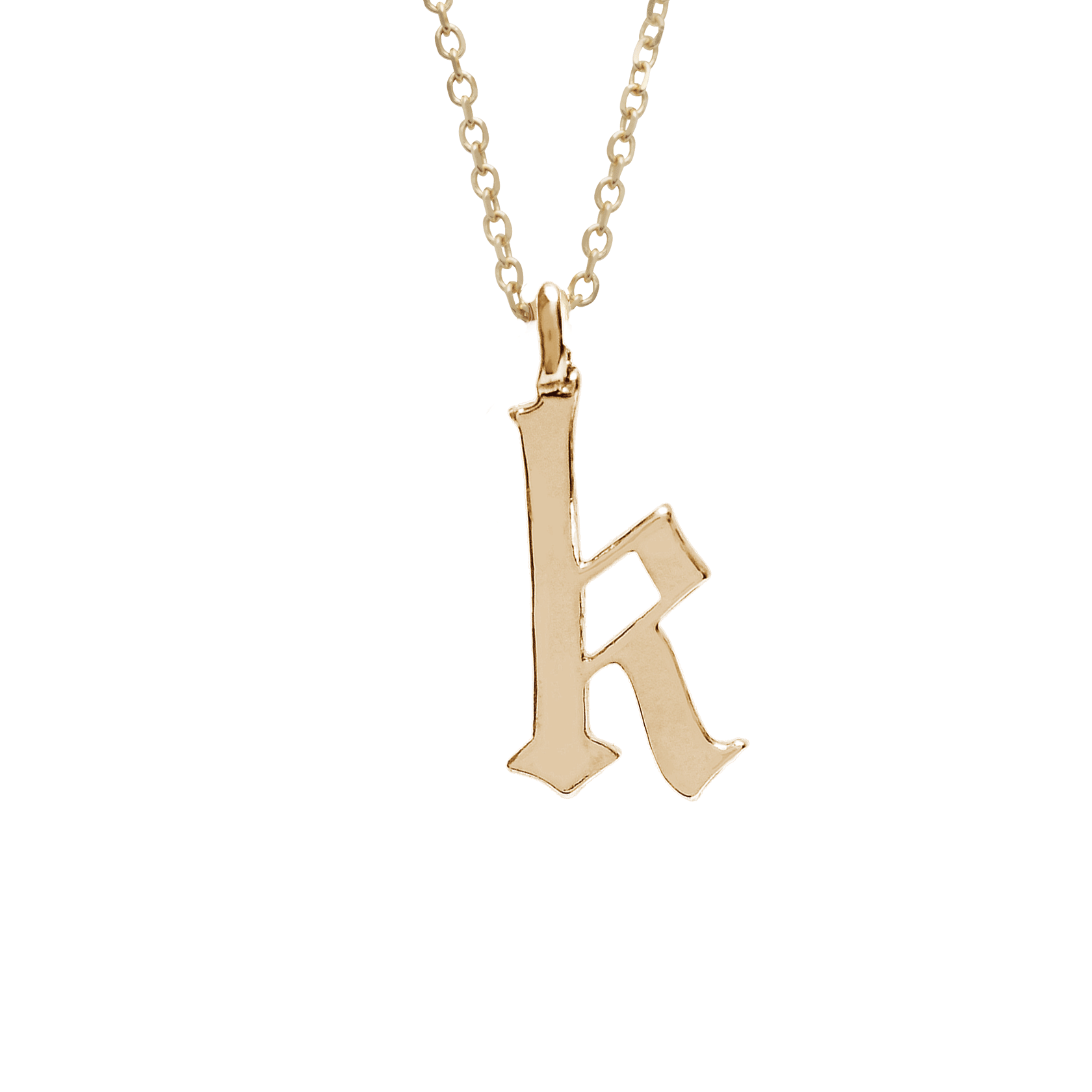 A "k" initial charm set in yellow gold on a yellow gold chain., Letter K
