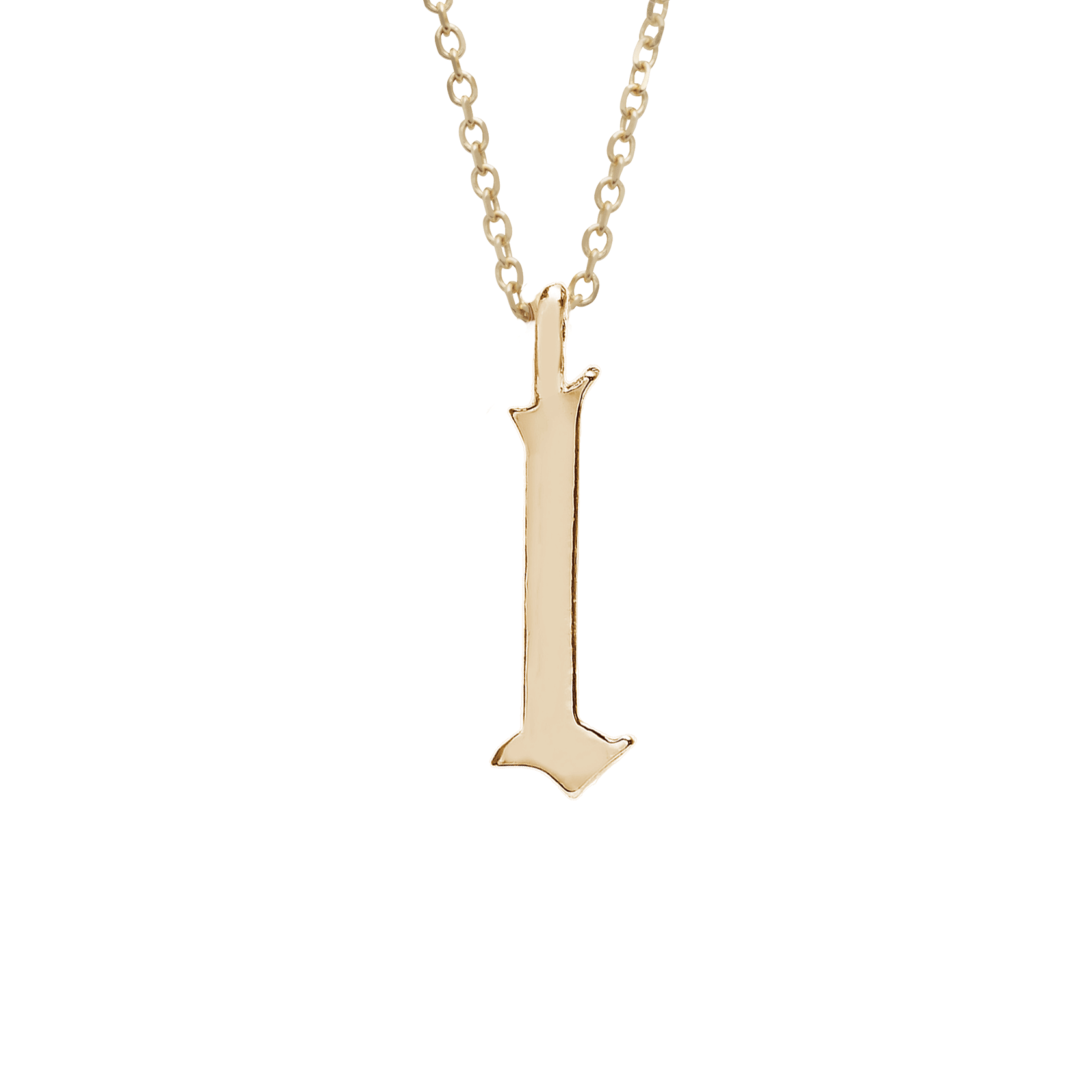 A "l" initial charm set in yellow gold on a yellow gold chain., Letter L