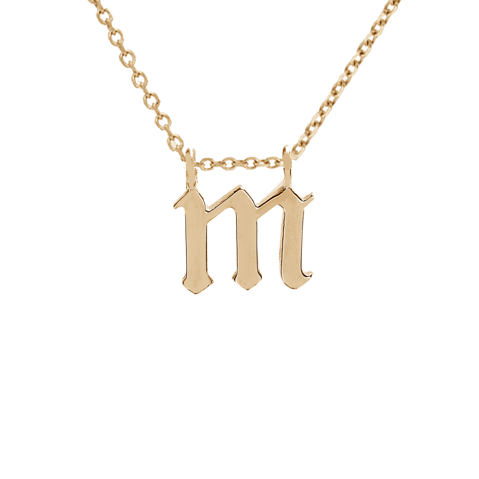 A "m" initial charm set in yellow gold on a yellow gold chain., Letter M