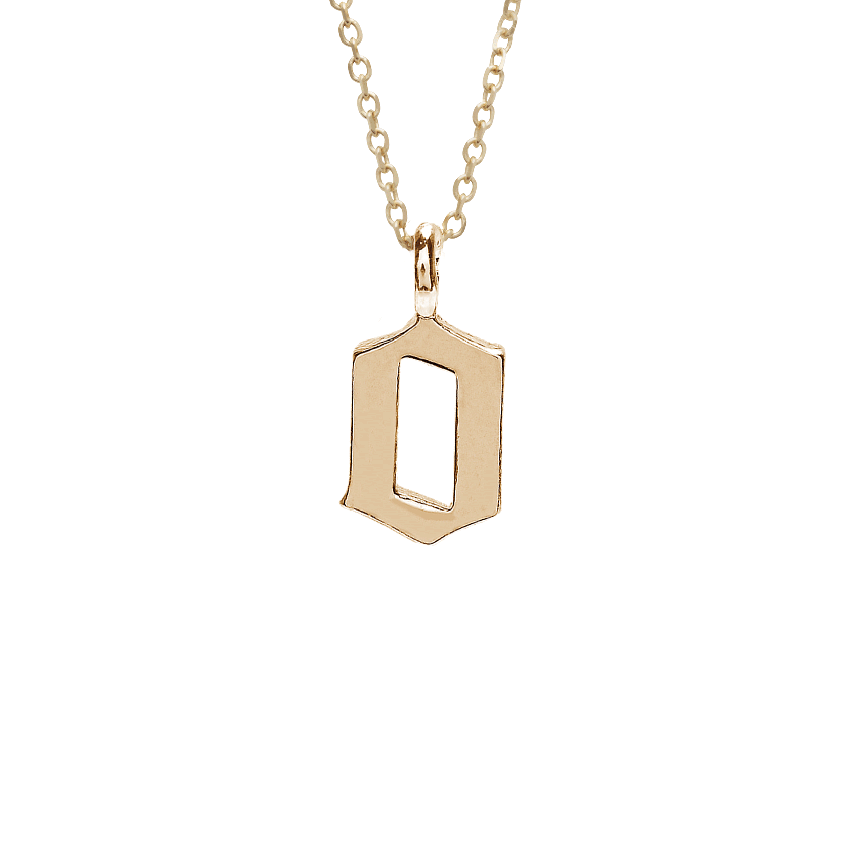 A "o" initial charm set in yellow gold on a yellow gold chain., Letter O