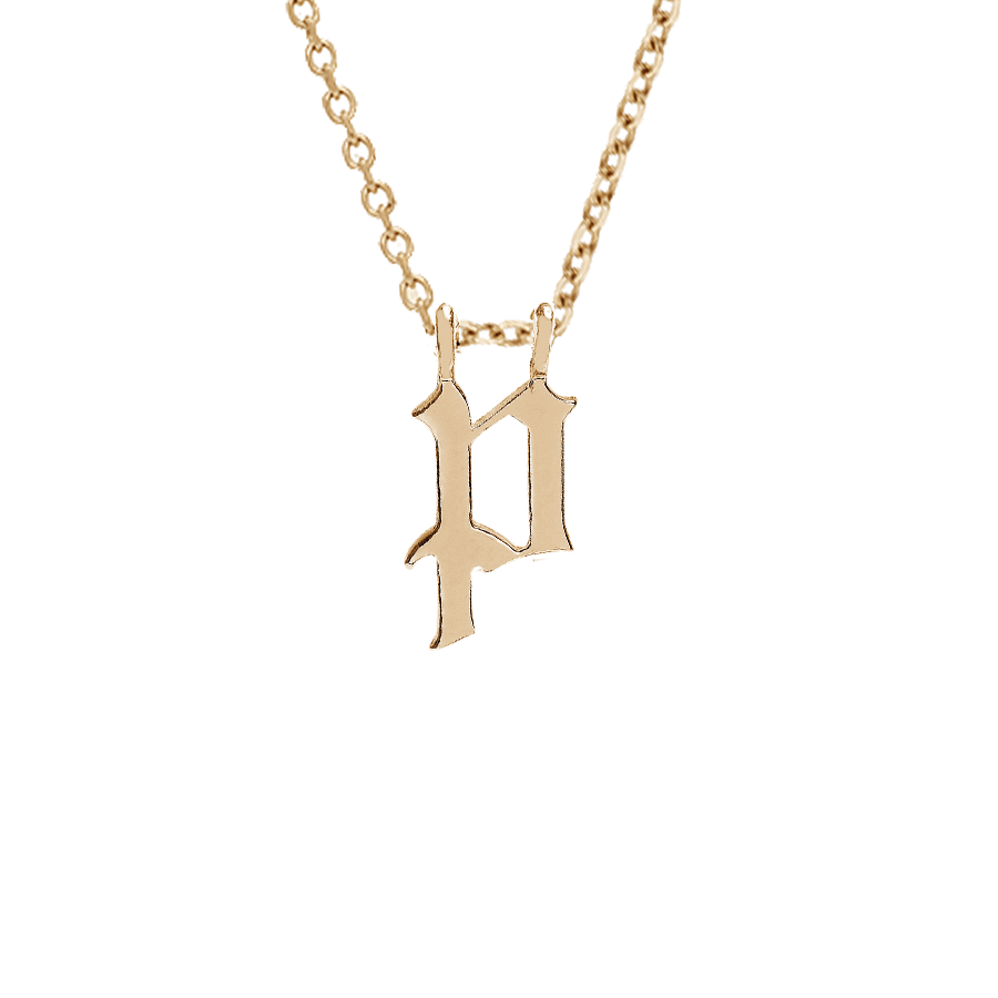 A "p" initial charm set in yellow gold on a yellow gold chain., Letter P