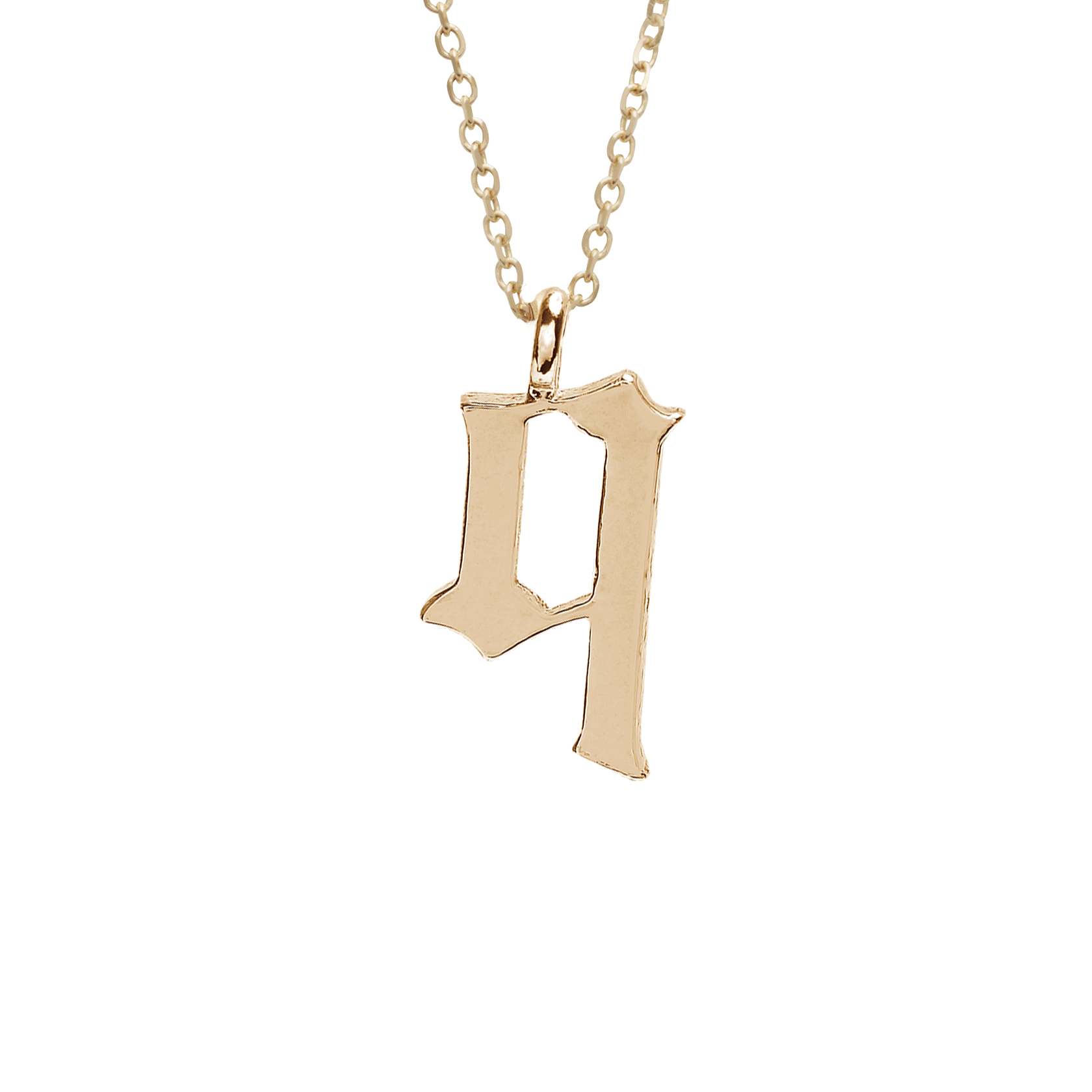 A "q" initial charm set in yellow gold on a yellow gold chain., Letter Q