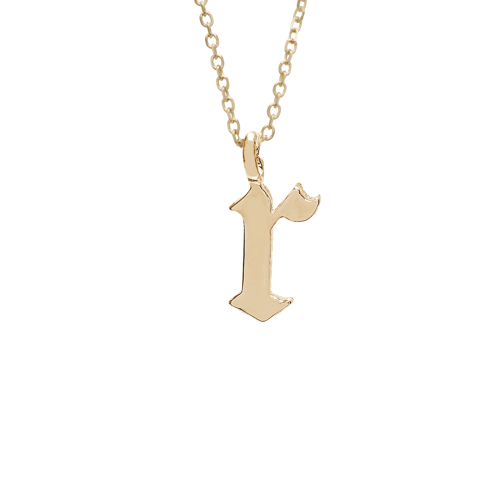 A "r" initial charm set in yellow gold on a yellow gold chain., Letter R