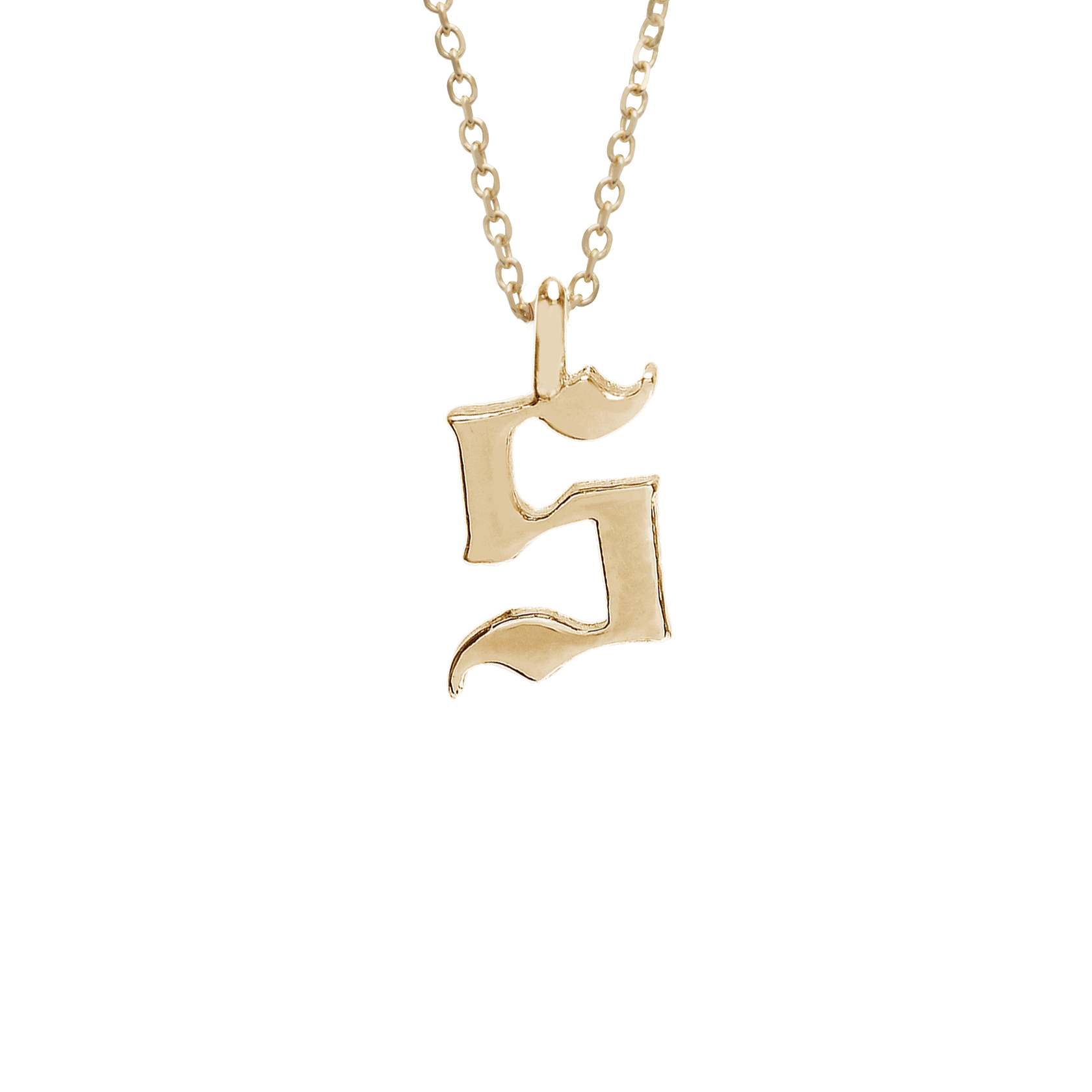 A "s" initial charm set in yellow gold on a yellow gold chain., Letter S