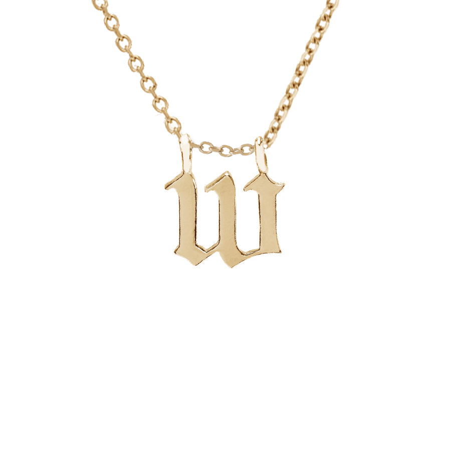 A "w" initial charm set in yellow gold on a yellow gold chain., Letter W