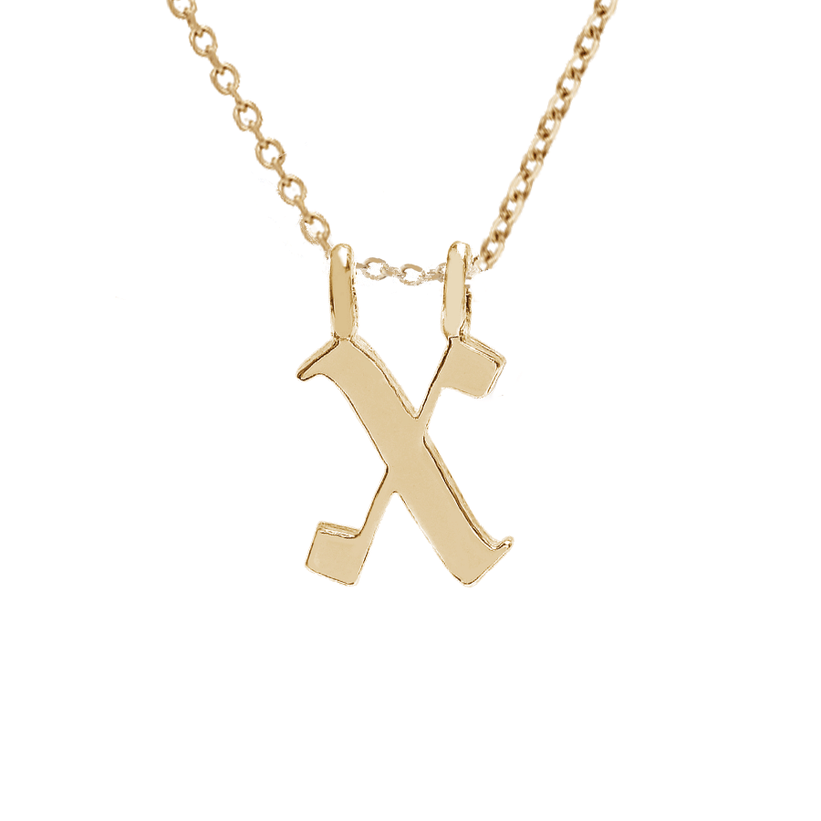 A "x" initial charm set in yellow gold on a yellow gold chain., Letter X