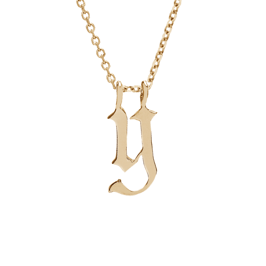 A "y" initial charm set in yellow gold on a yellow gold chain., Letter Y