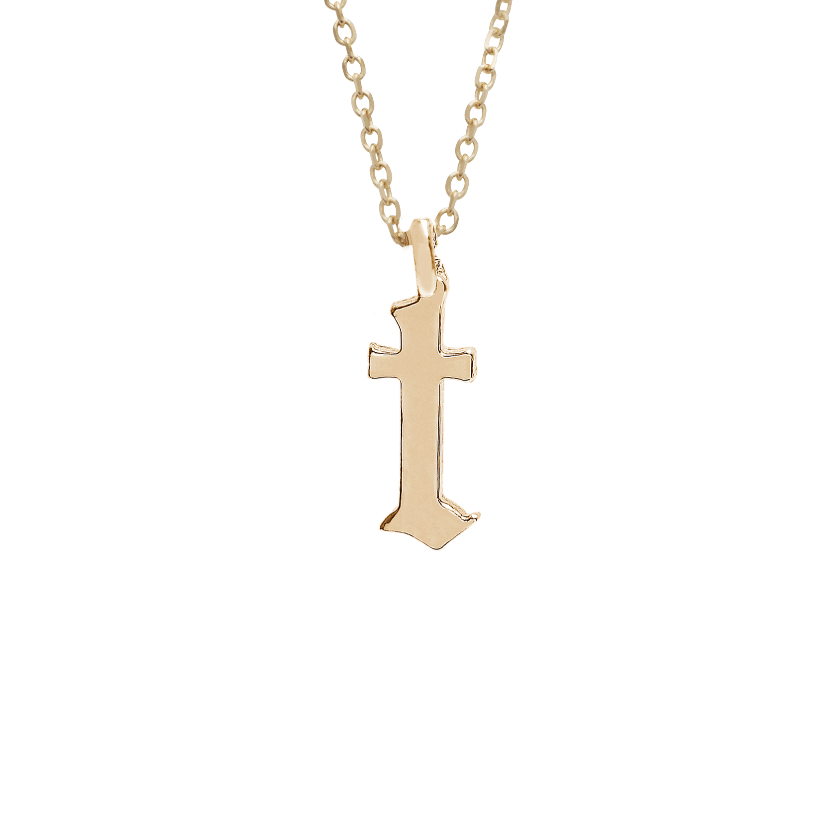 A "t" initial charm set in yellow gold on a yellow gold chain., Letter T