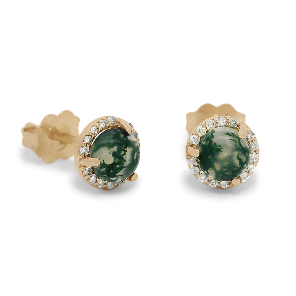 Two moss agate cabochon studs set in white diamond halos in yellow gold