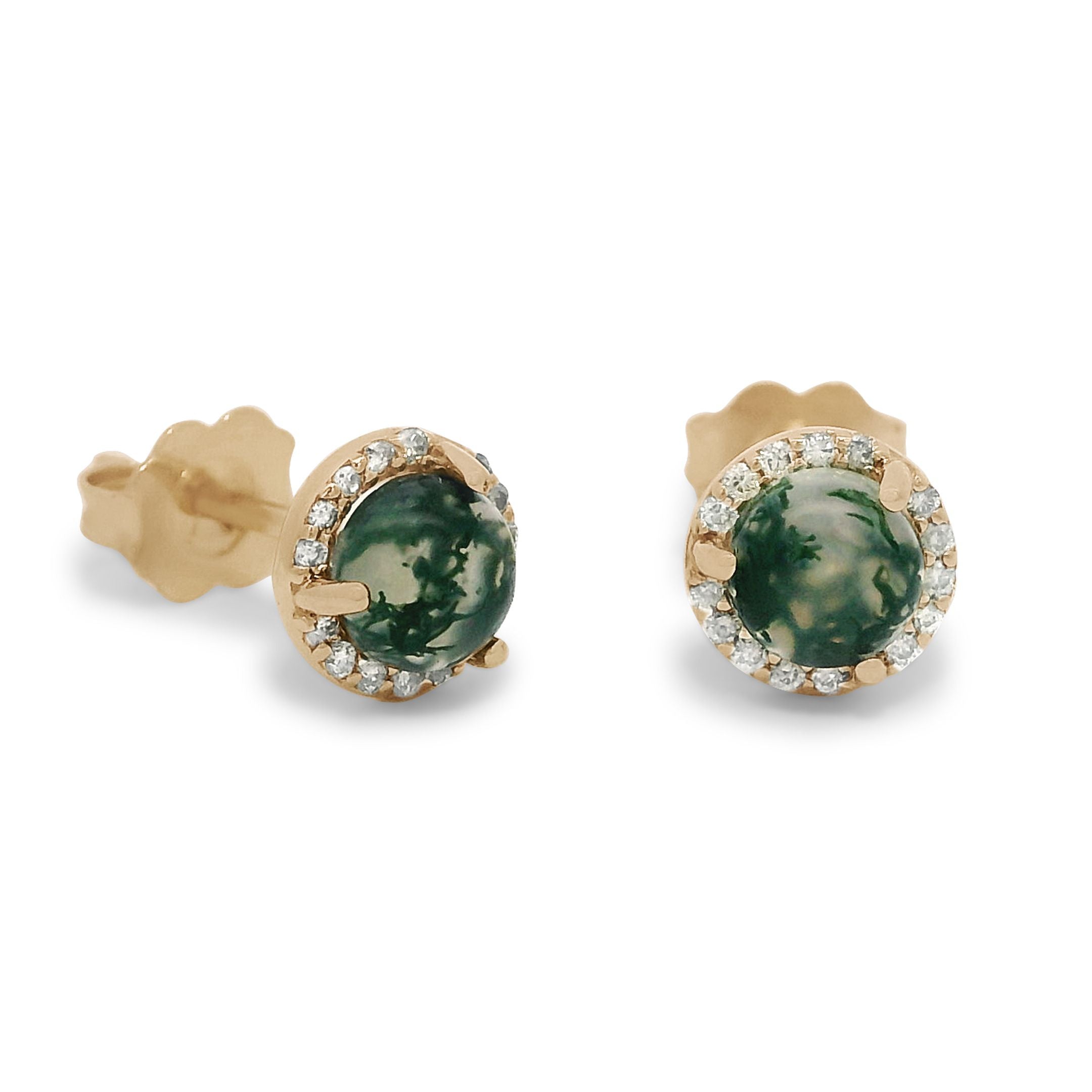 Two moss agate cabochon studs set in white diamond halos in yellow gold