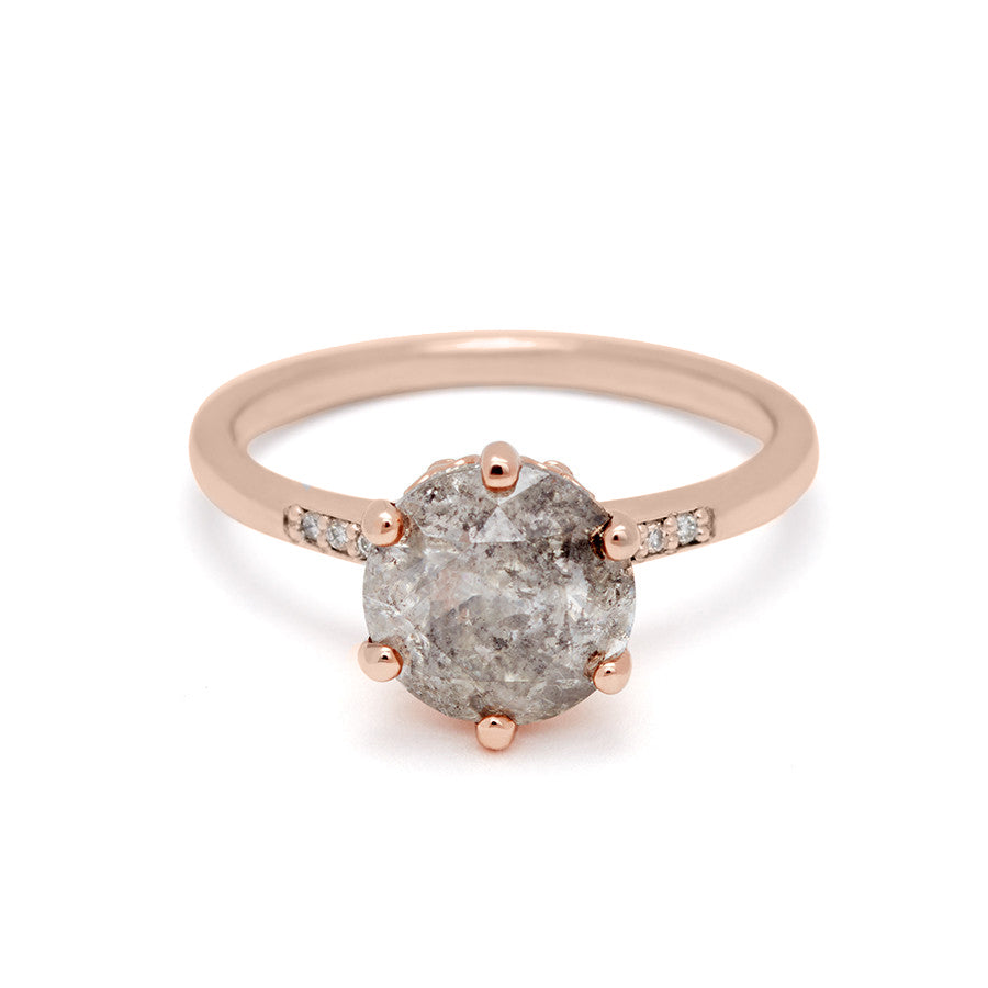 A solitaire ring with a 2.00ct round galaxy grey diamond with white diamond pave on either side set in rose gold., Rose Gold