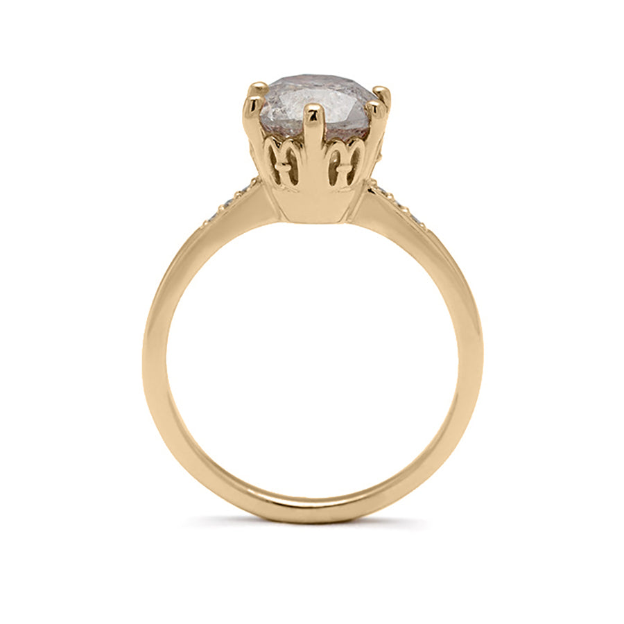 Side view of a solitaire ring with a 2.00ct round galaxy grey diamond with white diamond pave on either side set in yellow gold., Yellow Gold