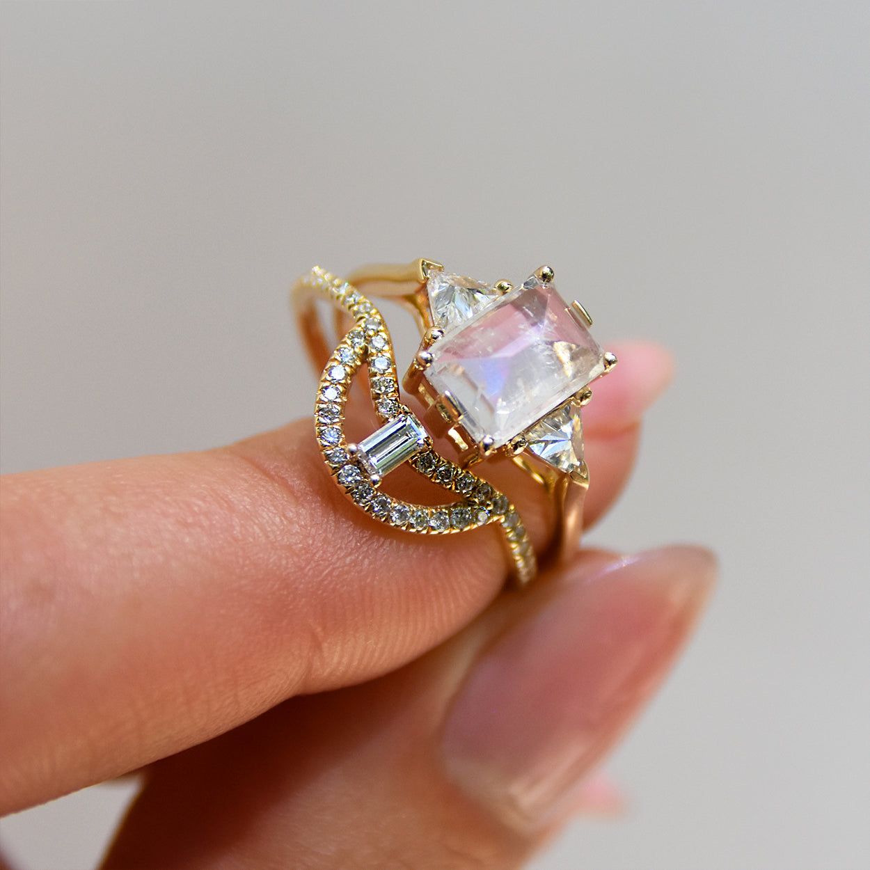 bea three stone ring with rainbow moonstone in Yellow Gold, Rose Gold, White Gold