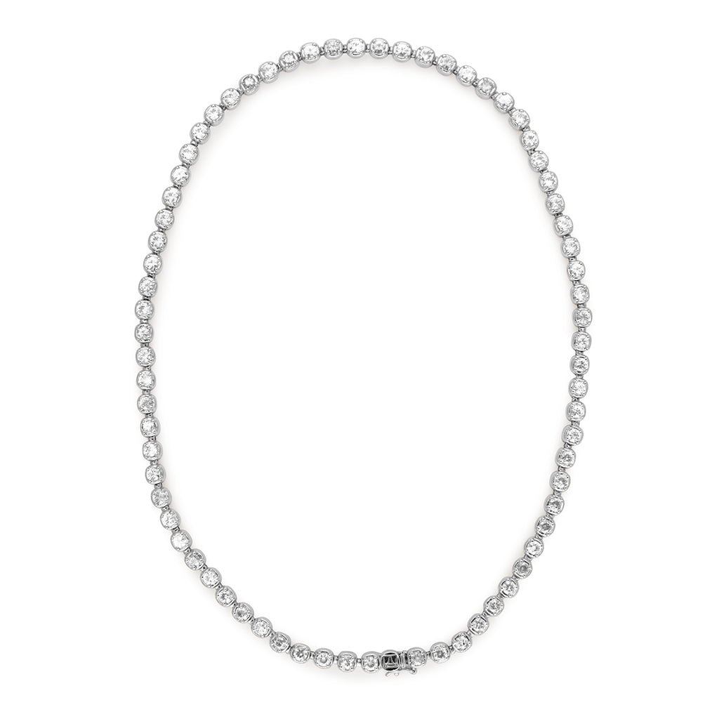 A zoomed out view of a line necklace with lab white diamonds set in eternity in white gold.