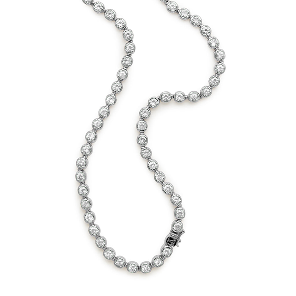 A zoomed in view of a swirled line necklace with lab white diamonds set in eternity in white gold.