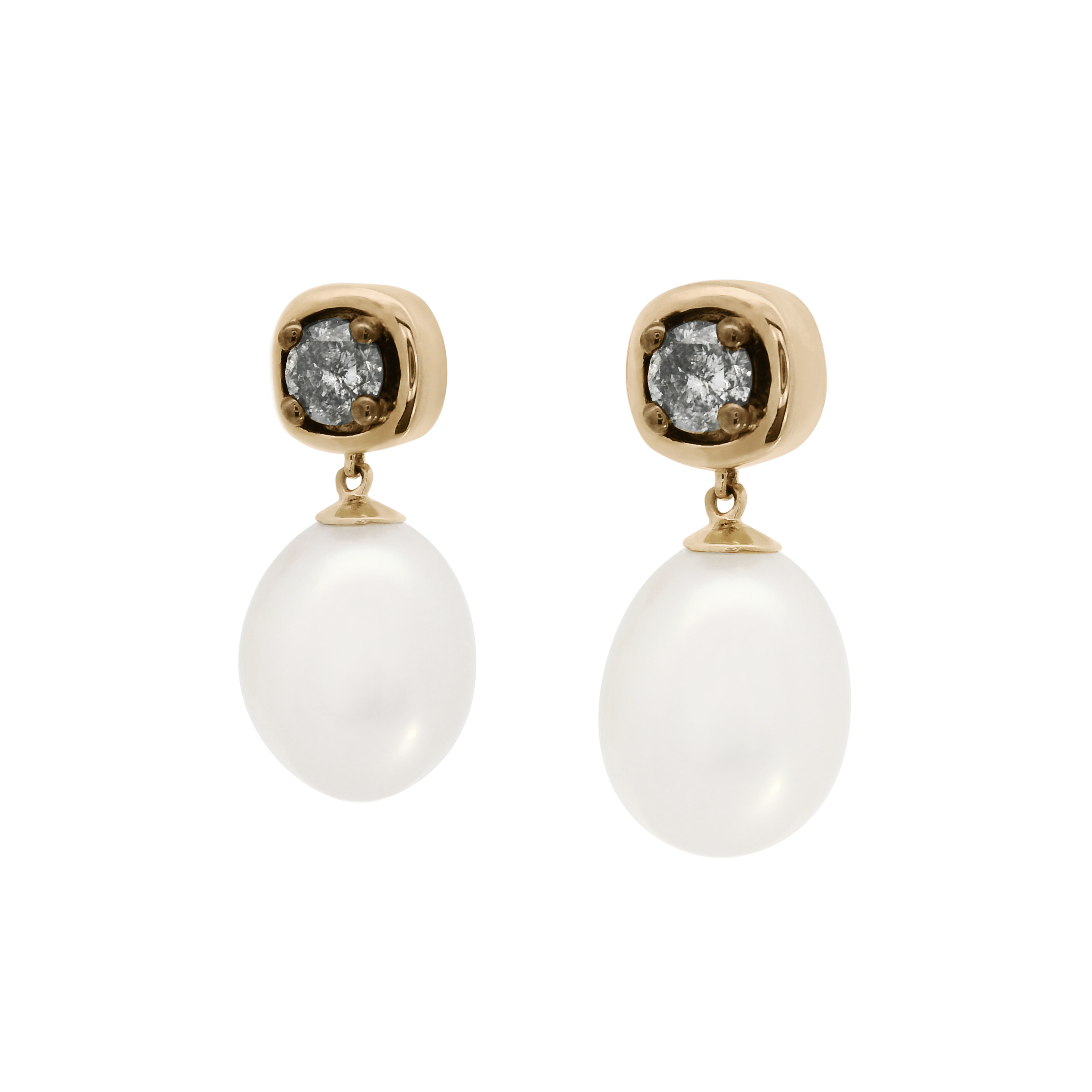 A drop earring with a .25ct round grey diamond and fresh water pearl. Set in 14k yellow gold.