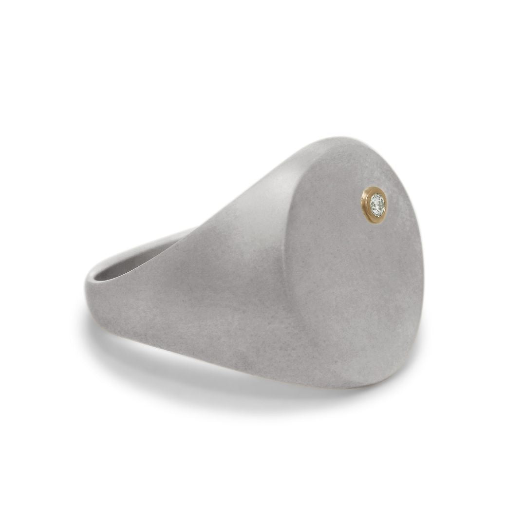 Mixed Metal Signet Ring - Brushed Sterling Silver, 14k Gold & Grey Diamond - Left Tilted View