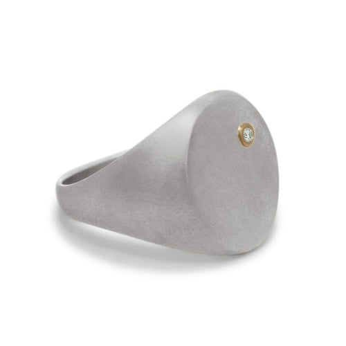 Mixed Metal Signet Ring - Brushed Sterling Silver, 14k Gold & Grey Diamond - Left Tilted View