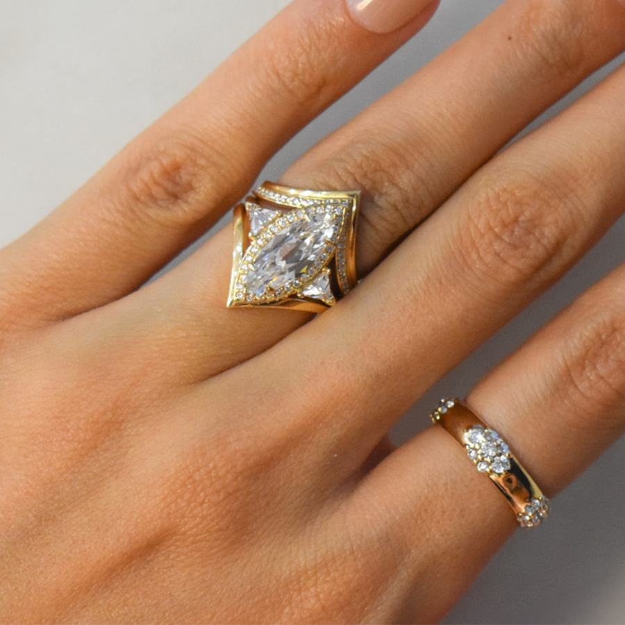 Bea halo marquise ring on hand