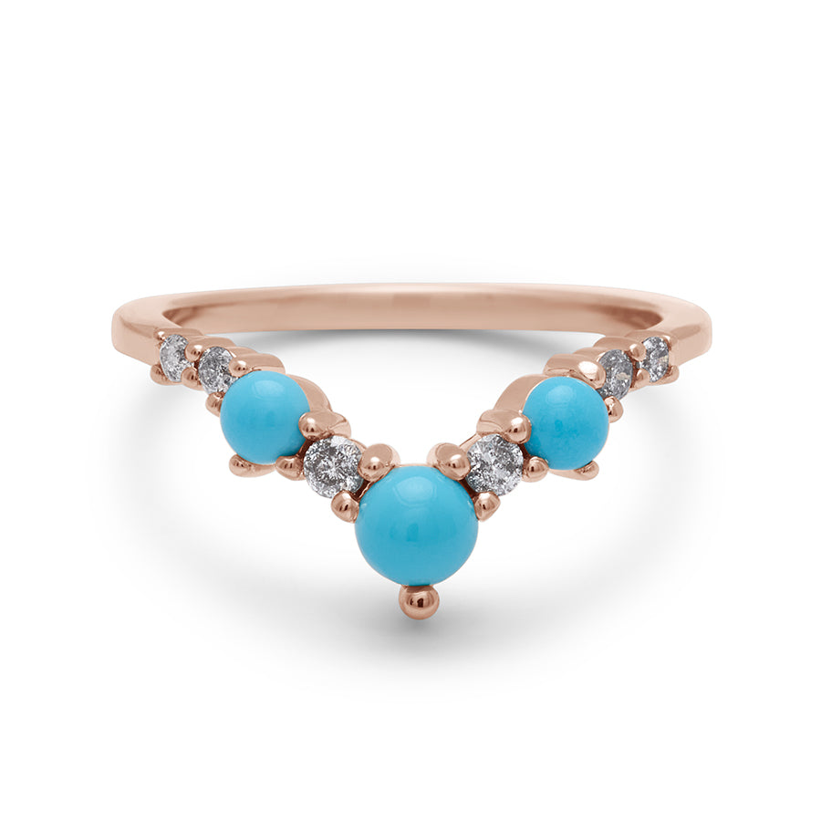 A band with three large turquoise stones with grey diamonds in between set in rose gold., Rose Gold