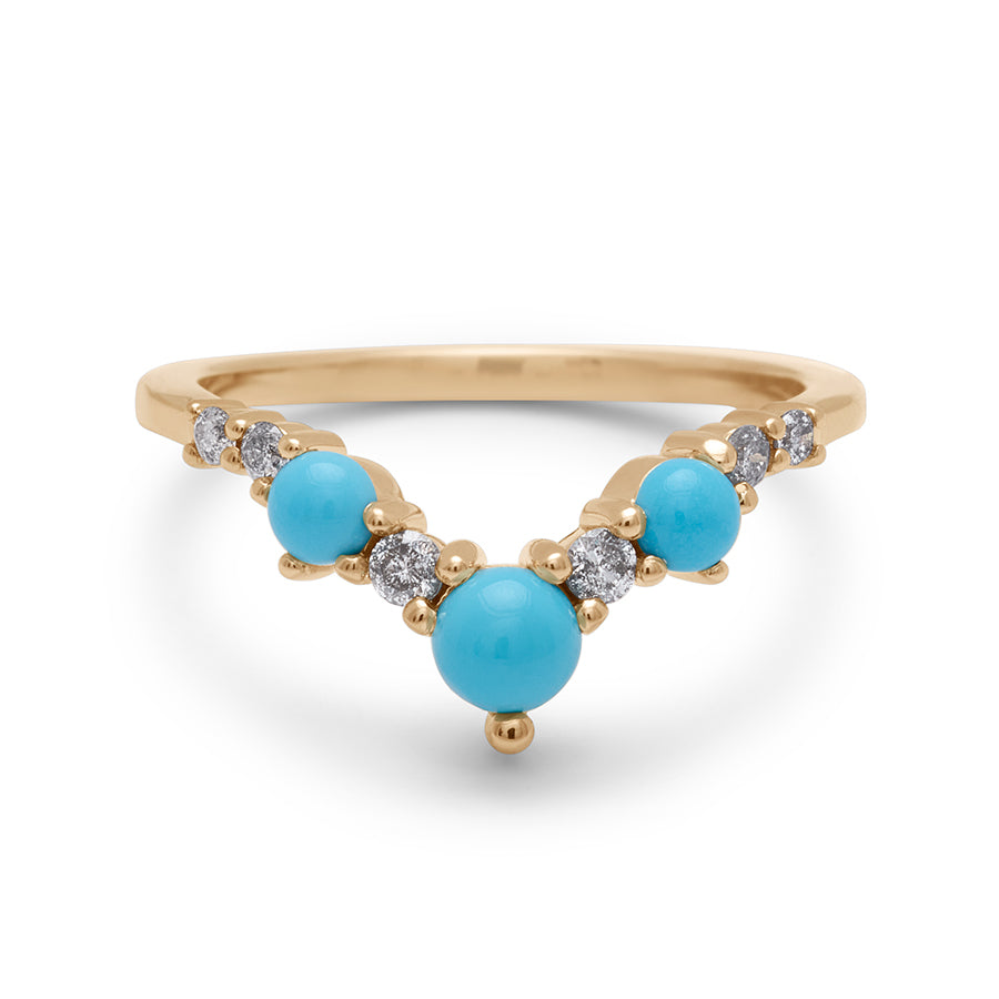 A band with three large turquoise stones with grey diamonds in between set in yellow gold., Yellow Gold