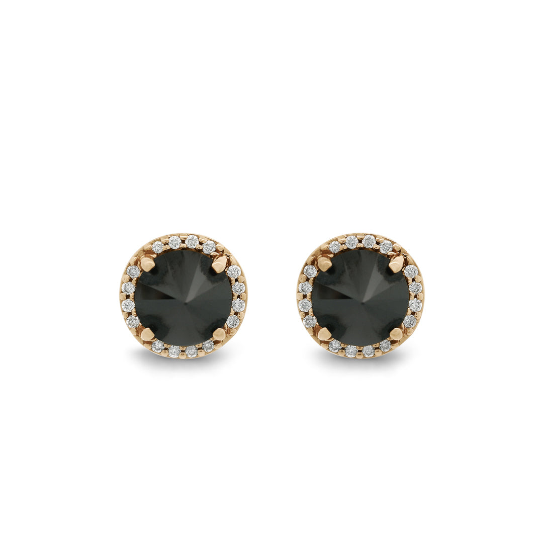 Pair of round earrings with black gemstones and gold accents on a white background