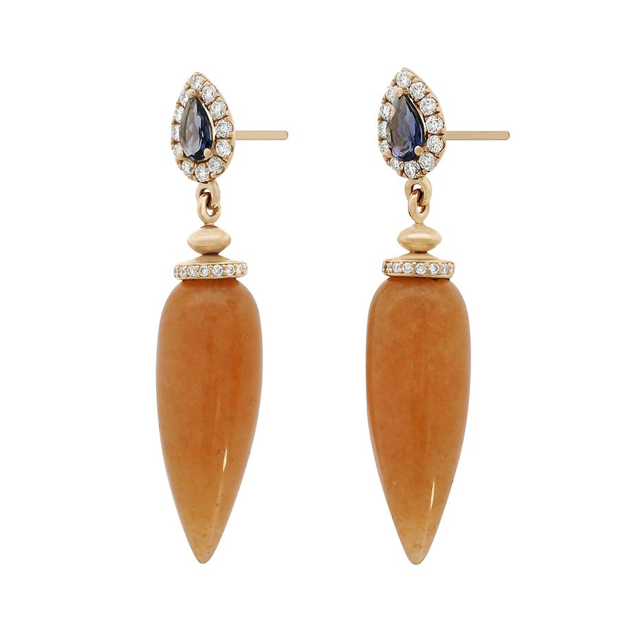 An aventurine iolite drop earring set with white diamond pave in yellow gold. 