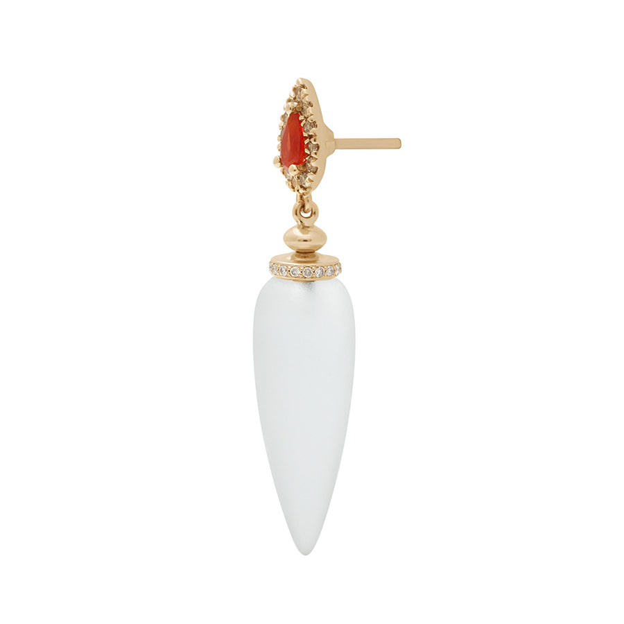 A single quartz drop earring with a champagne diamond halo at the top and a pear fire opal set in yellow gold.