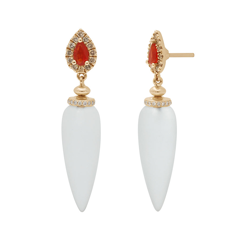 A pair of quartz drop earrings with a champagne diamond halo at the top and a pear fire opal set in yellow gold one earring angled.