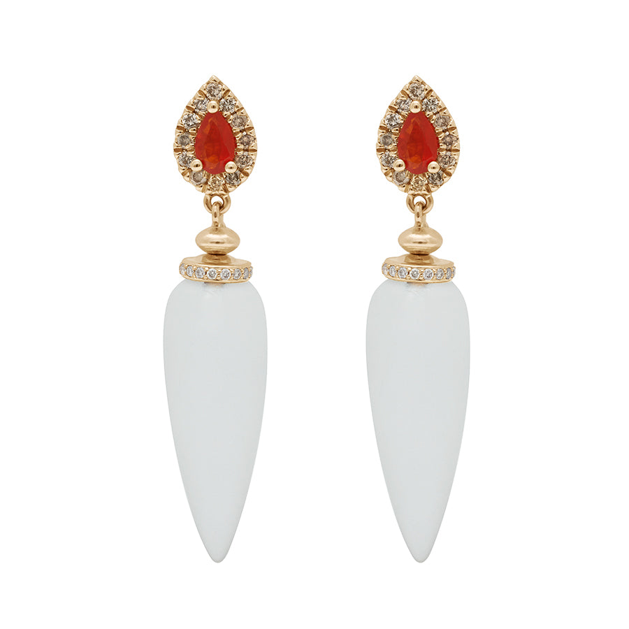 A pair of quartz drop earrings with a champagne diamond halo at the top and a pear fire opal set in yellow gold.