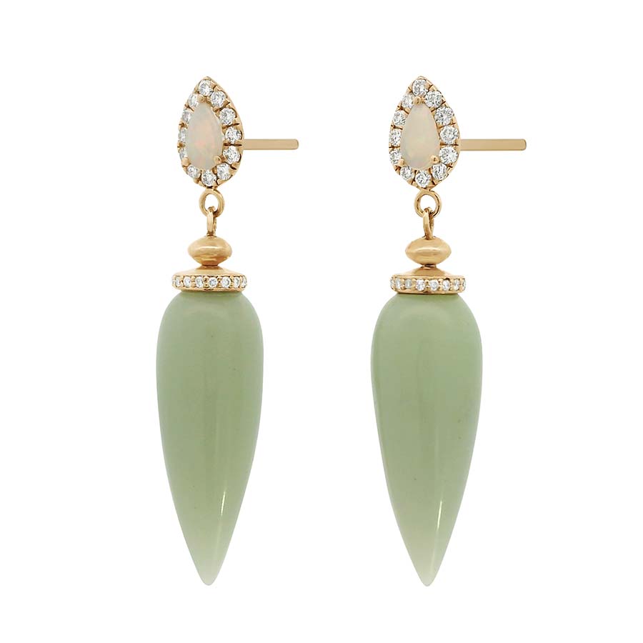 Luna Halo Pendulum Earrings - Yellow Gold, Serpentine & Opal
