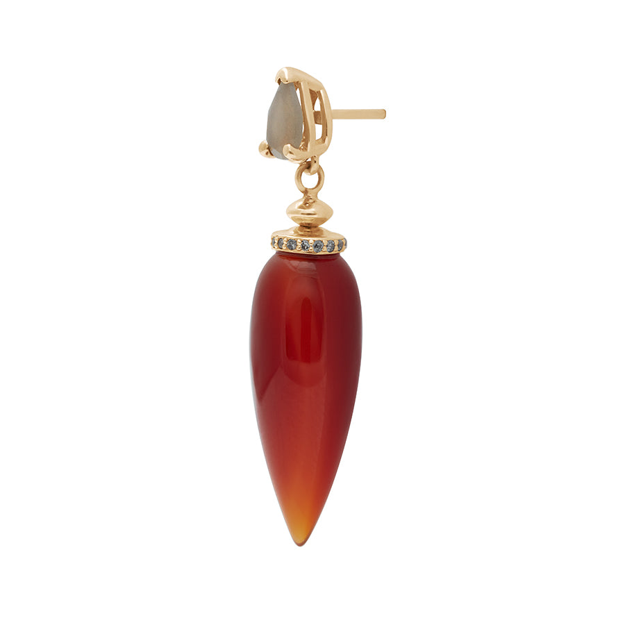 A single carnelian drop earring with a grey diamond halo at the top and a pear grey moonstone set in yellow gold.