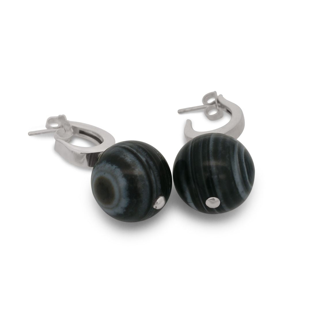 Sterling silver earrings featuring 14mm black agate beads on a white background 