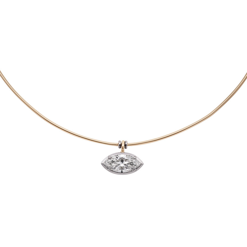 A marquise white diamond set in platinum on a yellow gold torque necklace on a white background 