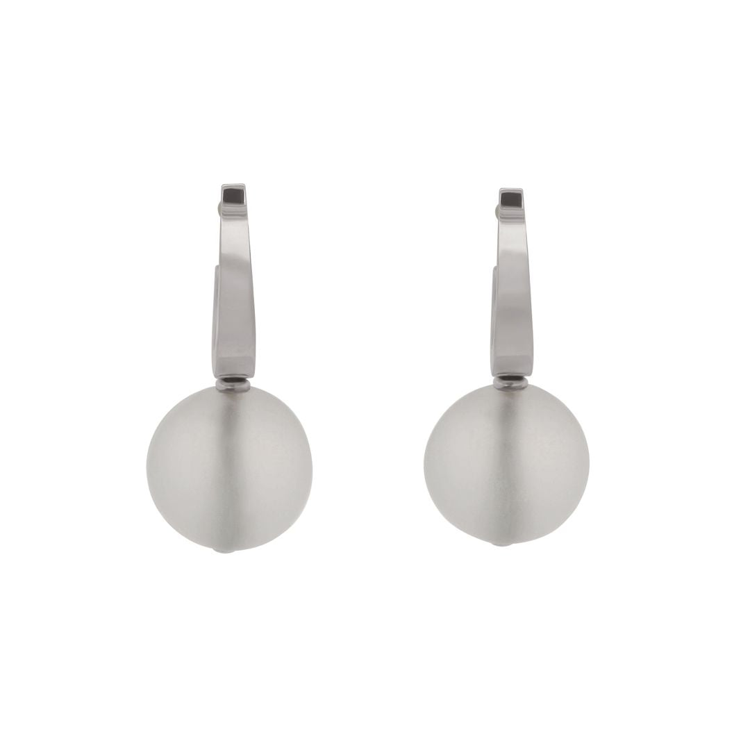 Sterling silver earrings featuring 14mm white frosted quartz beads on a white background 