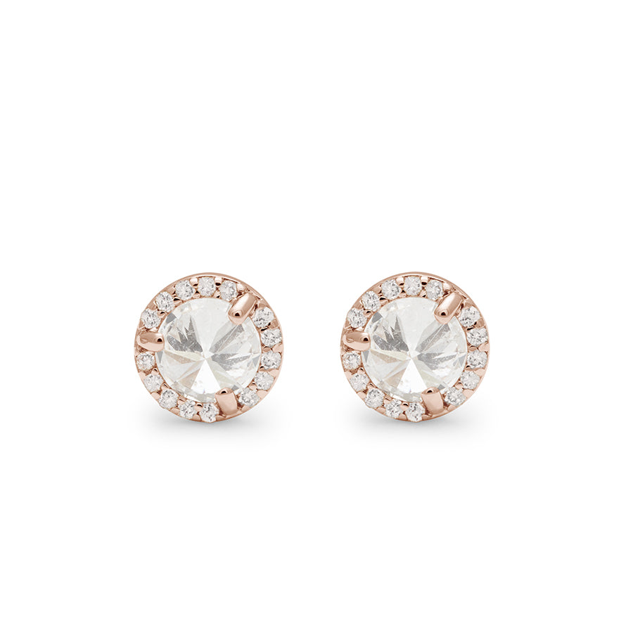 A pair of medium lab white diamond center stone earrings with a halo of white diamonds set in rose gold., Rose Gold